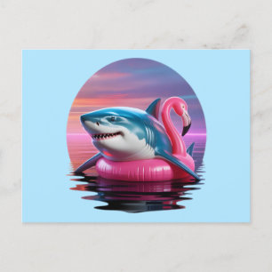 Funny Shark in Flamingo Pool Float Vaporwave Feiertagspostkarte
