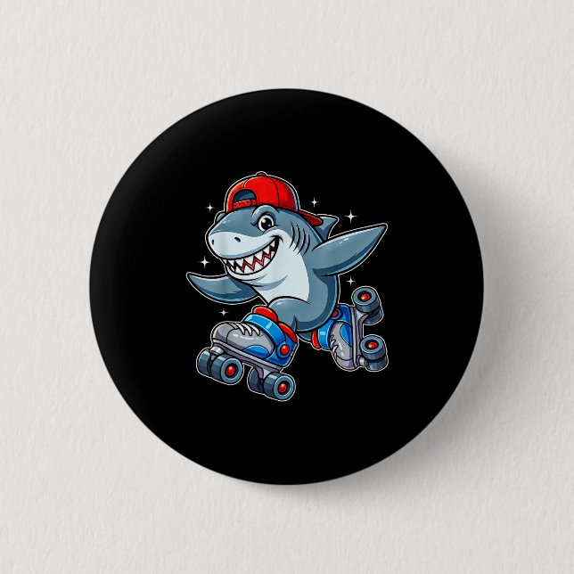 Funny Shark On Roller Skates Cute Cool Skater Anim Button (Vorderseite)