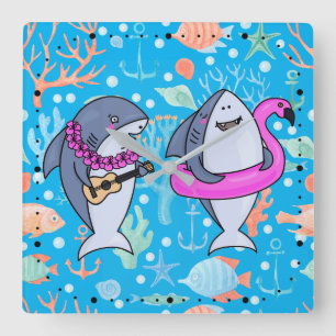Funny Shark Undersea Coral Party Ukulele Quadratische Wanduhr