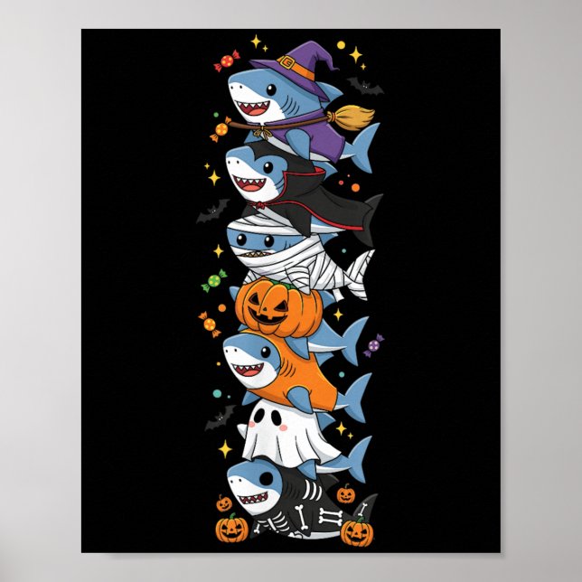 Funny Shark Witch Vampire Ghost Halloween Kids Men Poster (Vorne)