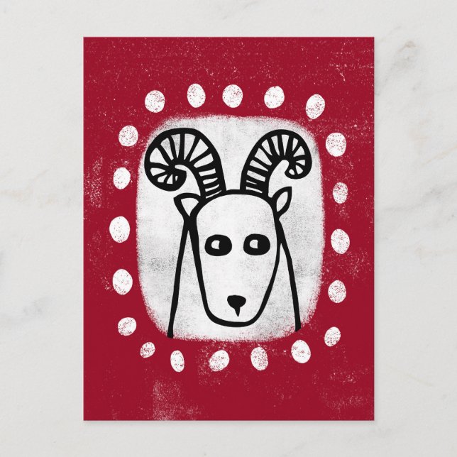 Funny Sheep Ram auf der roten Postkarte (Vorderseite)