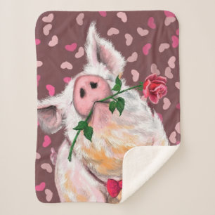 Funny Sherpa Blanket Gentleman Pig mit Rose Sherpadecke