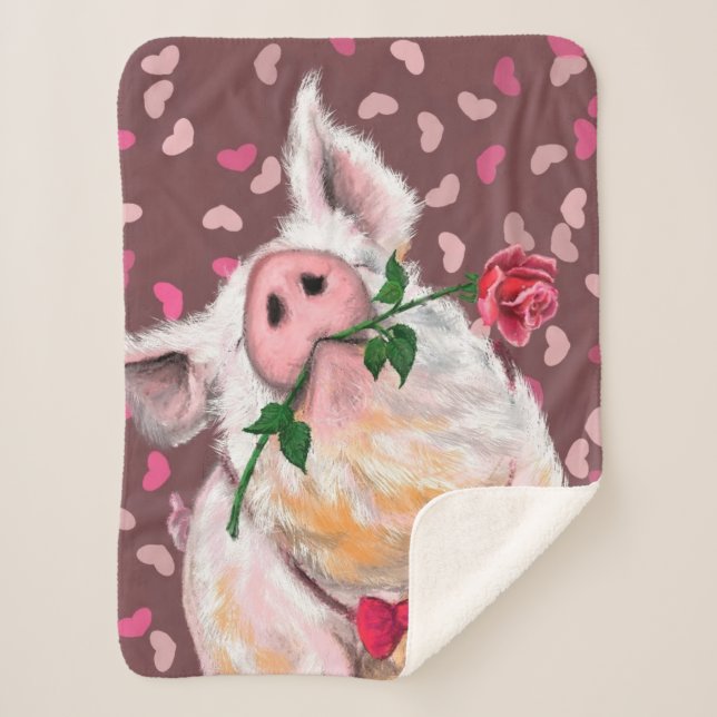 Funny Sherpa Blanket Gentleman Pig mit Rose Sherpadecke (Vorderseite)