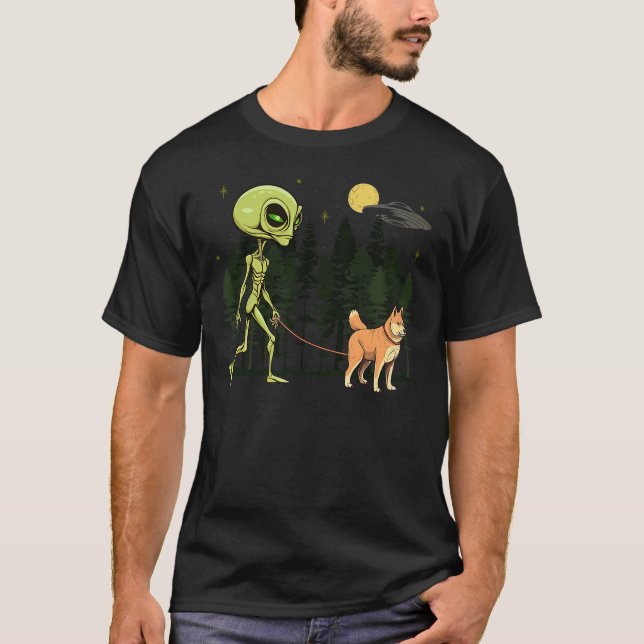 Funny Shiba INu Alien Walking UFO Pet Dog Mom Dad T-Shirt (Vorderseite)