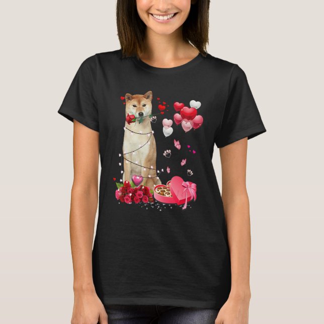 Funny Shiba Inu Rose Heart Happy Valentine Day Dog T-Shirt (Vorderseite)