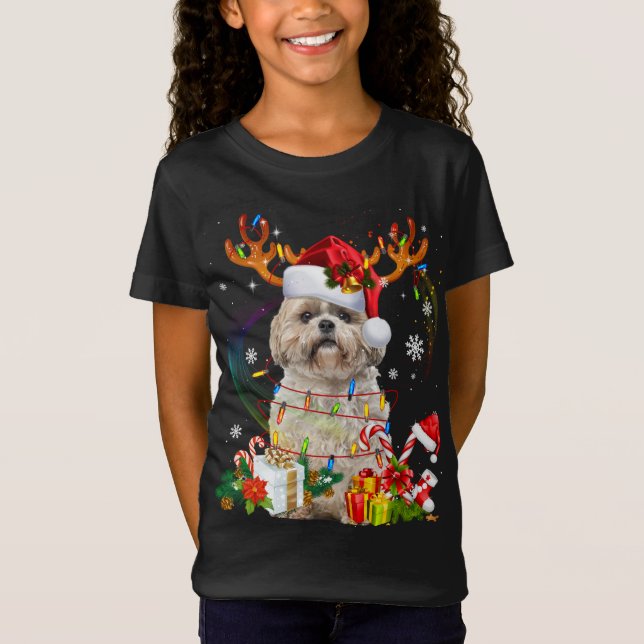 Funny Shih Tzu Christmas Reindeer Weihnachtslicht T-Shirt (Vorderseite)