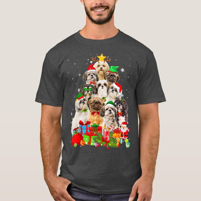 Funny Shih Tzu Christmas Tree Lights Welpe Dog T-Shirt (Vorderseite)