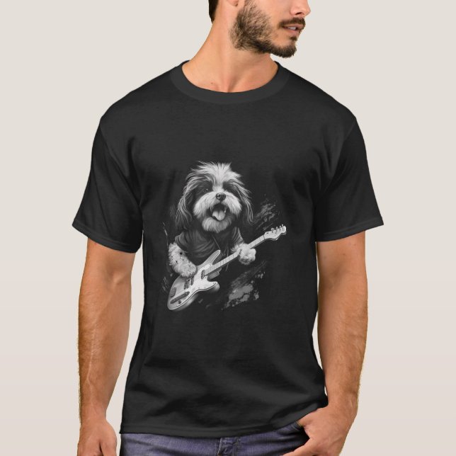 Funny Shih Tzu Dog Guitar Rock Long Sleeve T-Shirt (Vorderseite)