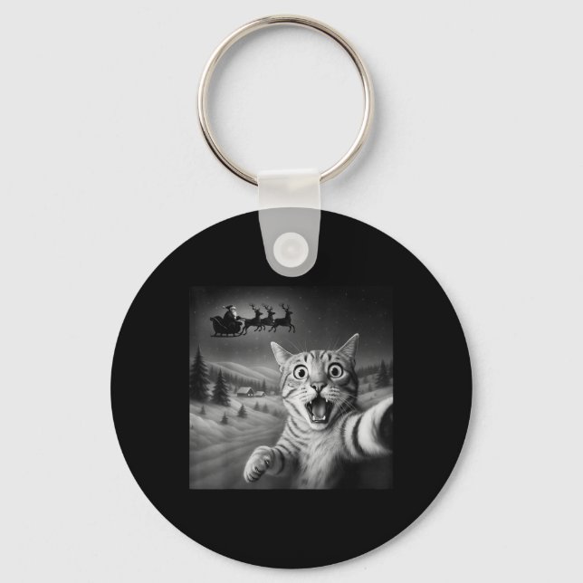Funny Shock Cat Selfie Santa Sleigh Weihnachten Ni Schlüsselanhänger (Vorderseite)