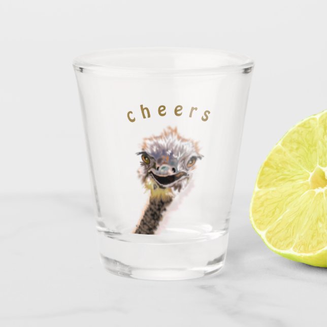 Funny Shot Glass Happy Ostrich Cheers - Ihr Text Schnapsglas (Vorderseite)