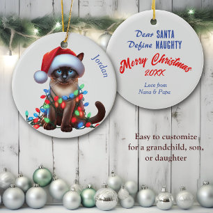 Funny Siamese Cat Wrapped in Lights Christmas Keramik Ornament