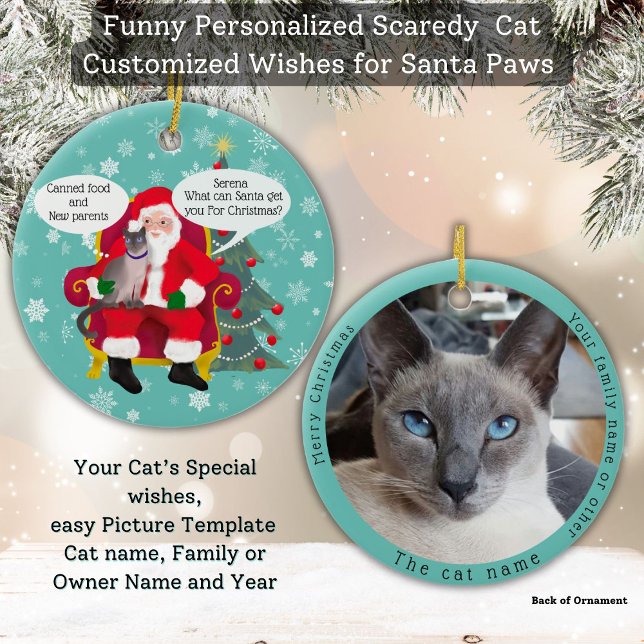 Funny Siamese Katze Besuchen Santa mit Unglaublich Keramik Ornament (Your Siamese cat gives Santa Paws Christmas wish list custom double sided photo template Ornament)