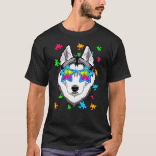 Funny Siberian Husky Puzzle Autismus Awareness Hun T-Shirt