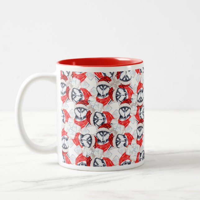 Funny Siberian Husky Weihnachtsmuster Zweifarbige Tasse (Links)