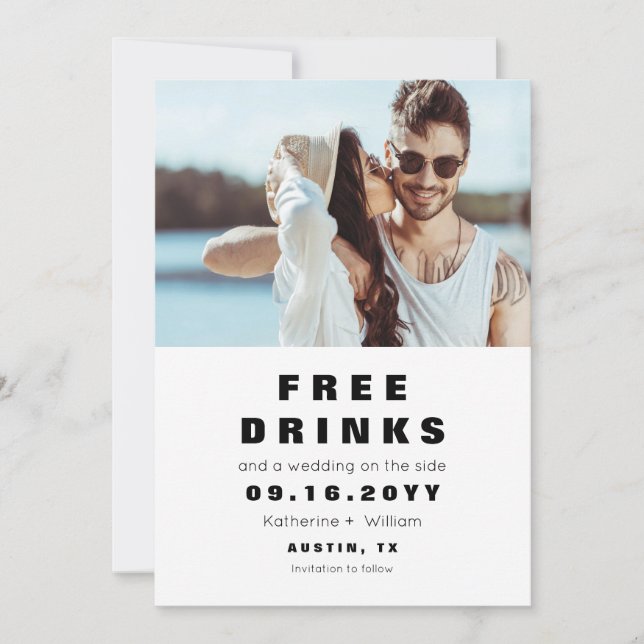 Funny Simple Free Drinks Foto Save the Date Karte (Vorderseite)