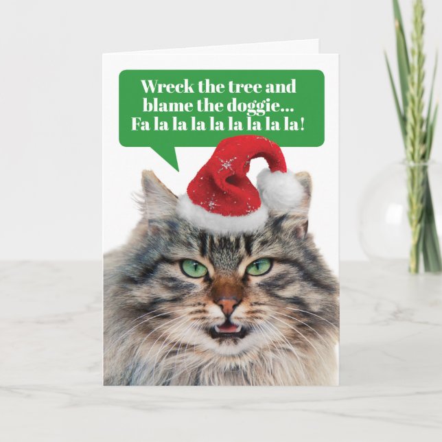 Funny Singing Cat Wreck the Trees Fallla Feiertagskarte (Vorderseite)