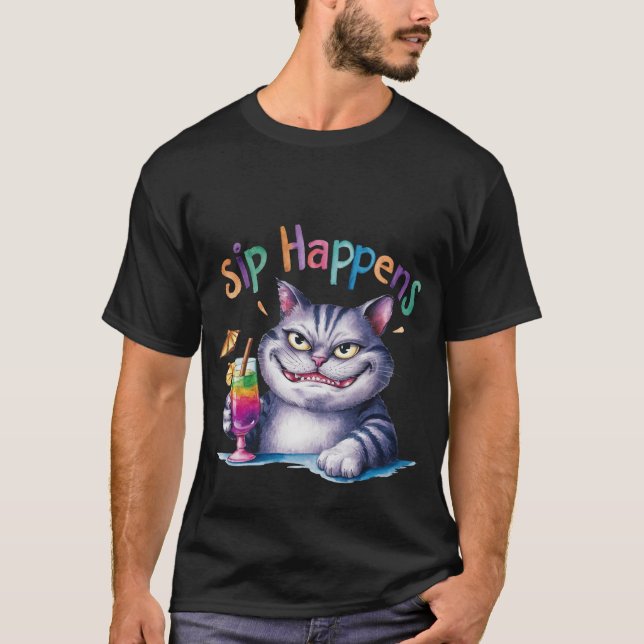 Funny "Sip Happens"Watercolor Cat Cocktail🍹🐈 T-Shirt (Vorderseite)