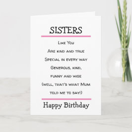 Funny Sisters Cheeky Gedicht Birthday Card Karte