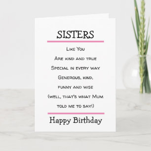 Funny Sisters Cheeky Gedicht Birthday Card Karte