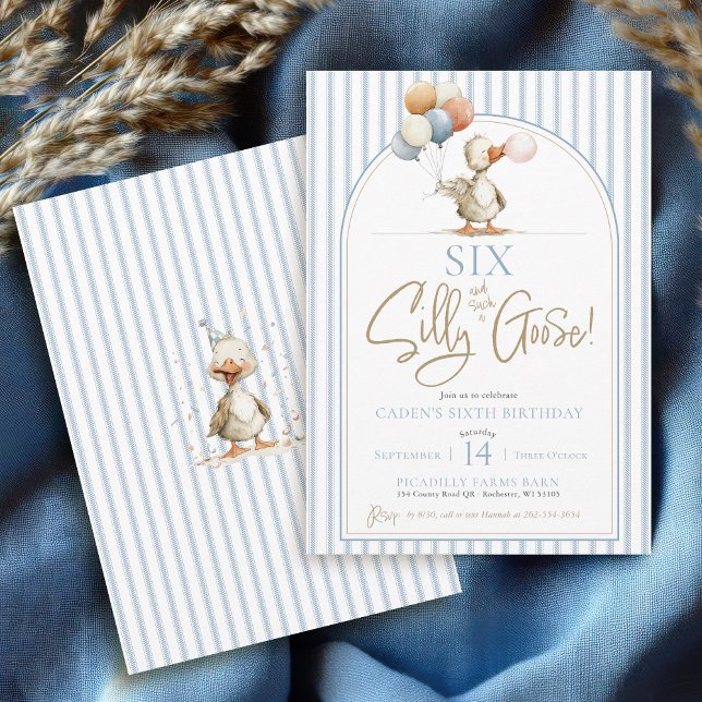 Funny SIX Albern Gänse Niedlich Arch Boy 6. Geburt Einladung (SIX Silly Goose blue ticking pinstripes modern arch whimsical geese boys 6th birthday invitations)
