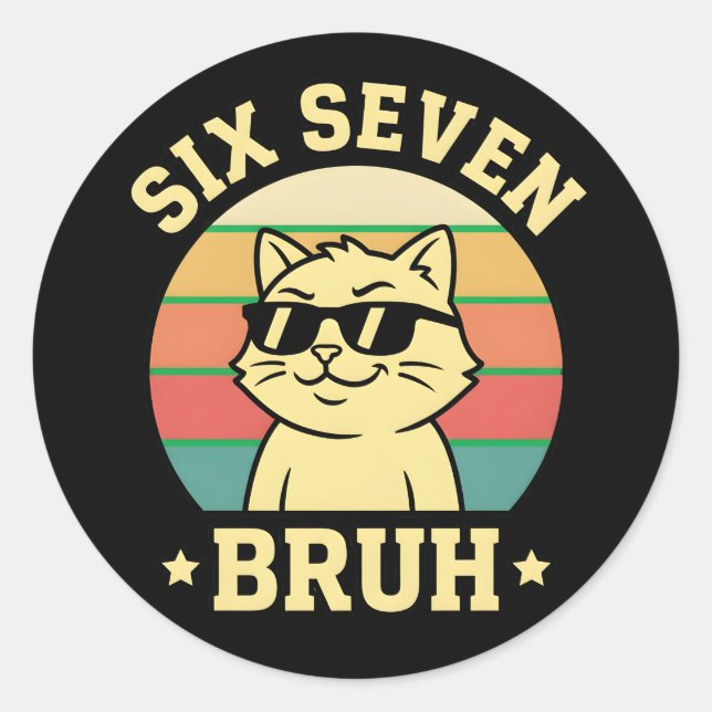 Funny Six Seven Bruh Cat Retro Attitude Cool Vibes Runder Aufkleber (Vorderseite)