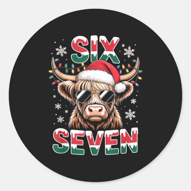Funny Six Seven Highland Cow Christmas 67 Cool Xma Runder Aufkleber (Vorderseite)