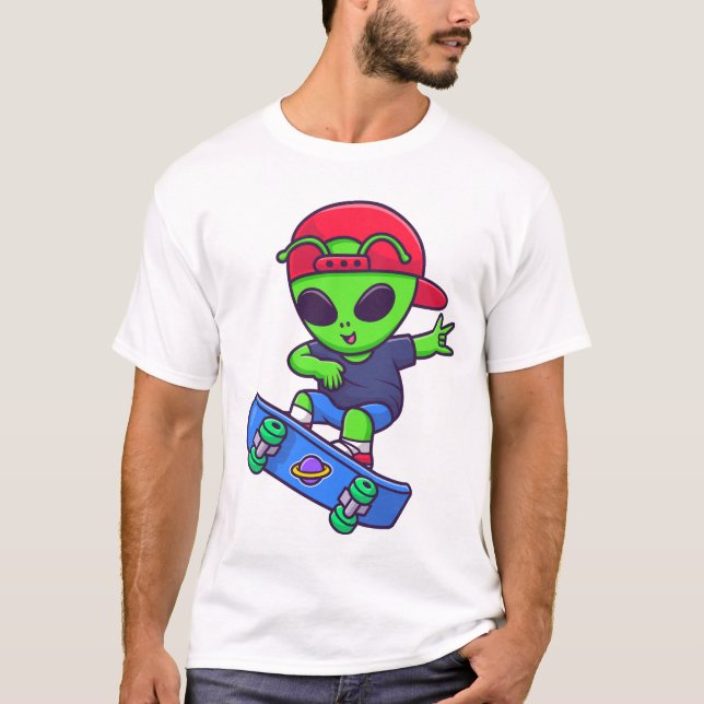 Funny Skateboarding Alien Streetwear Design T-Shirt (Vorderseite)
