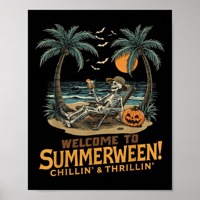 Funny Skeleton Beach Sunset Spooky Urlaub Hallow Poster (Vorne)