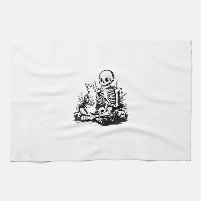 Funny Skeleton Cat Skull Kitty Cute Cat Goth Hallo Geschirrtuch (Horizontal)