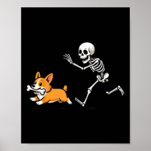 Funny Skeleton Chasing Corgi Halloween Mama Hausti Poster
