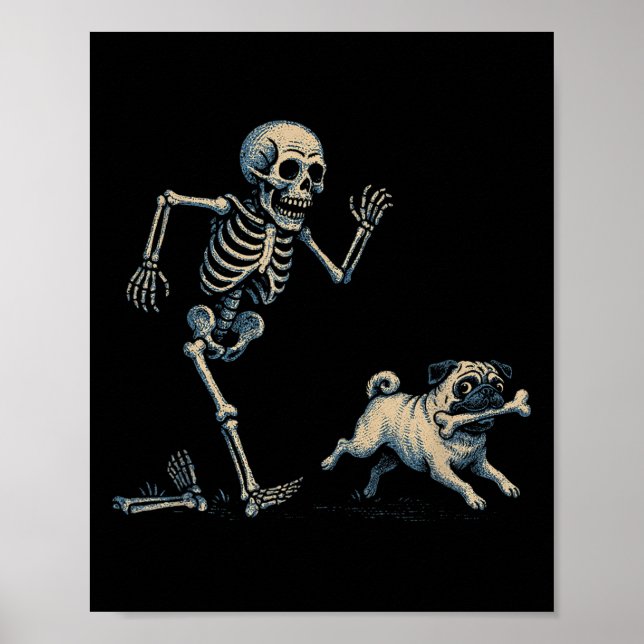 Funny Skeleton Chasing Mops Halloween Hund Mama Mo Poster (Vorne)