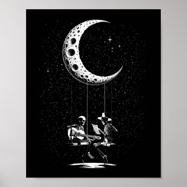 Funny Skeleton Couple Moon Playing Gitarre Hallowe Poster (Vorne)