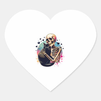 Funny Skeleton Cuddling Mit Cat Watercolor Skul Herz-Aufkleber