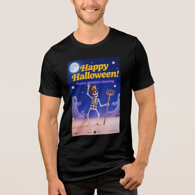 Funny Skeleton Dancing with "Happy Halloween" Bann Tri-Blend Shirt (Vorderseite)