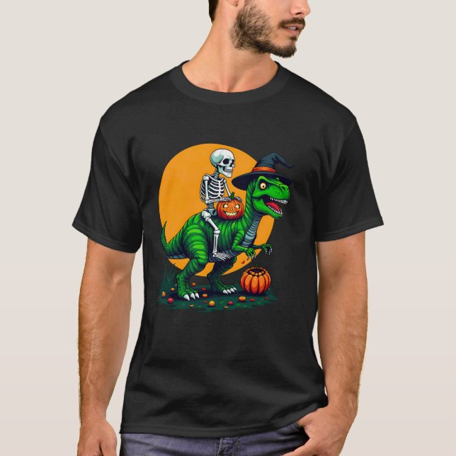 Funny Skeleton Dinosaur T Rex Hexenhut Halloween T-Shirt (Vorderseite)