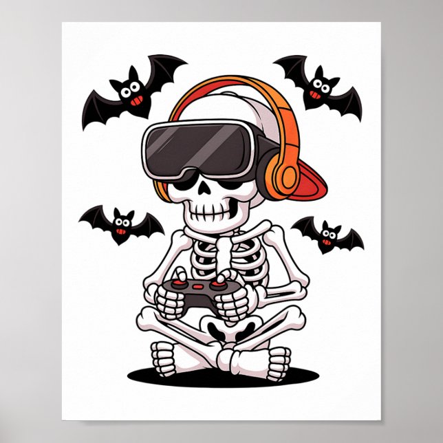 Funny Skeleton Gamer mit Vr Headset Halloween Stor Poster (Vorne)