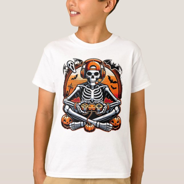 Funny Skeleton Halloween Gift Video Game Headphon T-Shirt (Vorderseite)