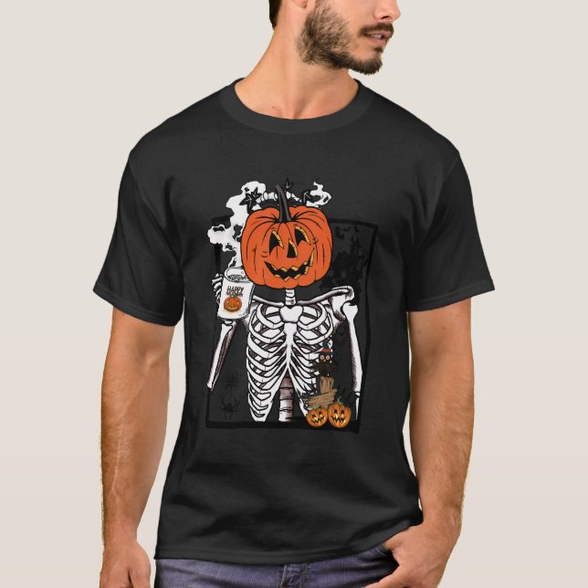 Funny Skeleton Kaffee Cups Retro Pumpkin Hal T-Shirt (Vorderseite)