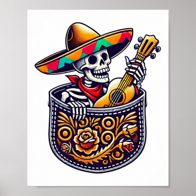 Funny Skeleton Mariachi Guitar Pocket Cinco De May Poster (Vorne)