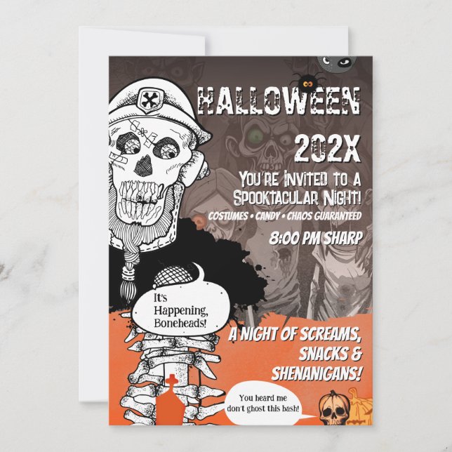Funny Skeleton Mic Halloween Bash Einladung (Vorderseite)