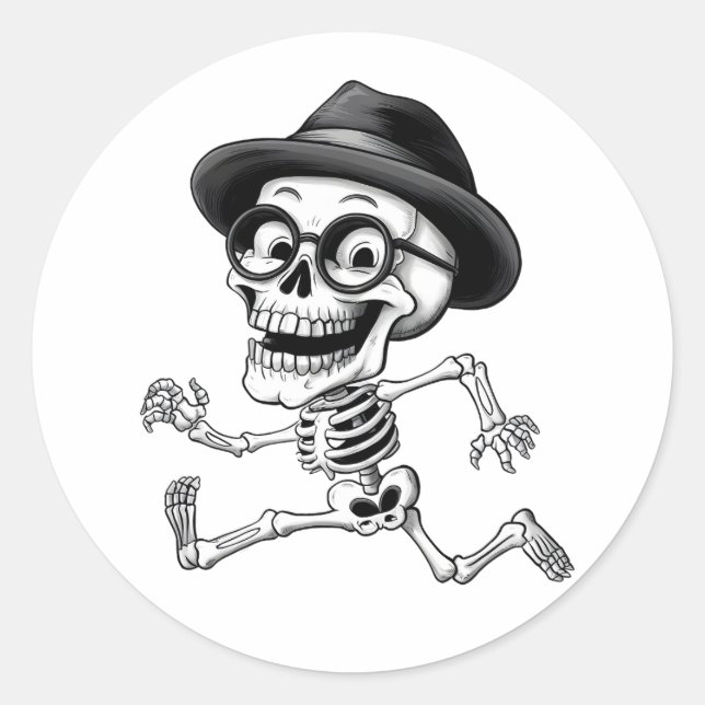 Funny Skeleton mit Black Hat und Glasses Quirky G Runder Aufkleber (Vorderseite)