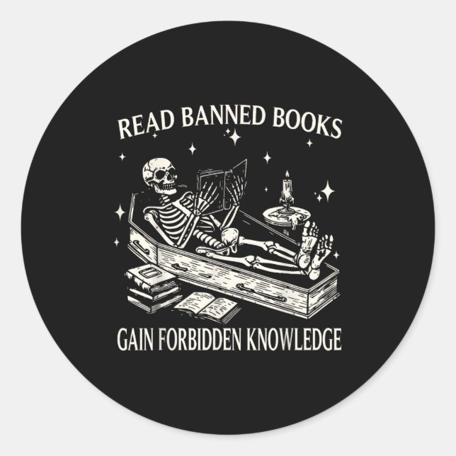 Funny Skeleton Read Banned Books Gain Forbidden Kn Runder Aufkleber (Vorderseite)