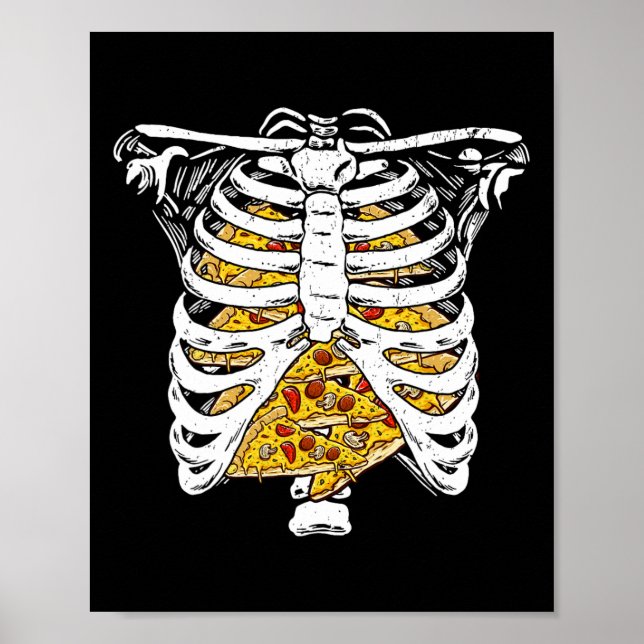 Funny Skeleton Rib Käfig mit Pizzas Happy Hallowee Poster (Vorne)