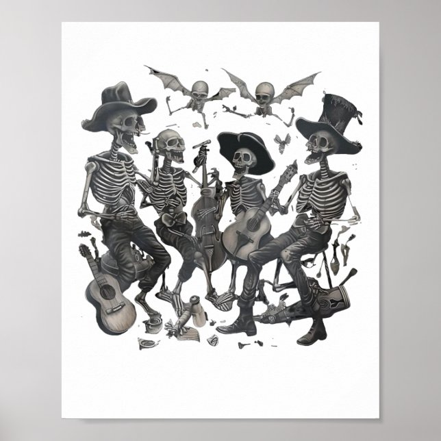 Funny Skeleton Skull Dancing Singen Rock Music Ba Poster (Vorne)