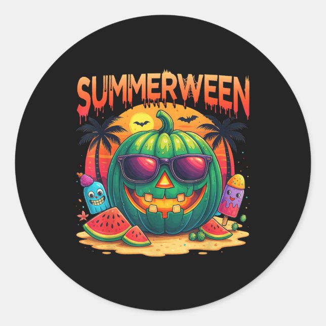 Funny Skeleton Summer Summerween Watermelon Jack-o Runder Aufkleber (Vorderseite)