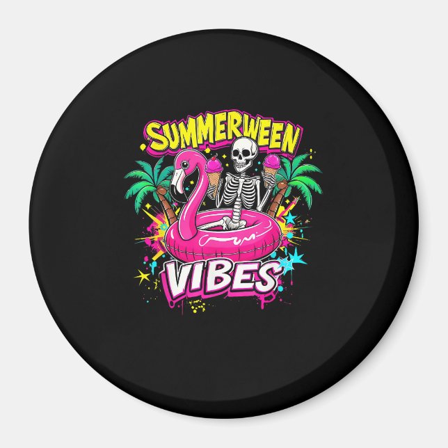 Funny Skeleton Summerween Vibes Flamingo Pool IceC Magnet (Vorne)