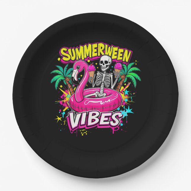 Funny Skeleton Summerween Vibes Flamingo Pool IceC Pappteller (Vorderseite)