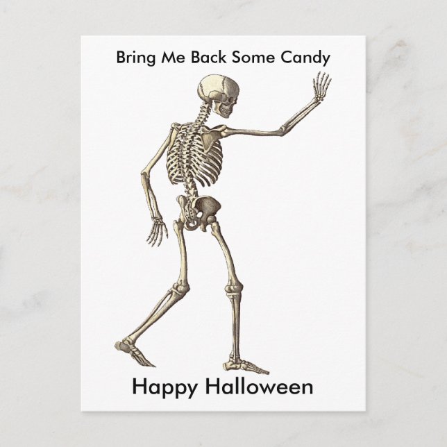 Funny Skeleton Waving Zurück Candy Halloween Postkarte (Vorderseite)