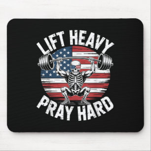 Funny Skelett US Flag Lift Heavy Pray Hard Gym Ch Mousepad