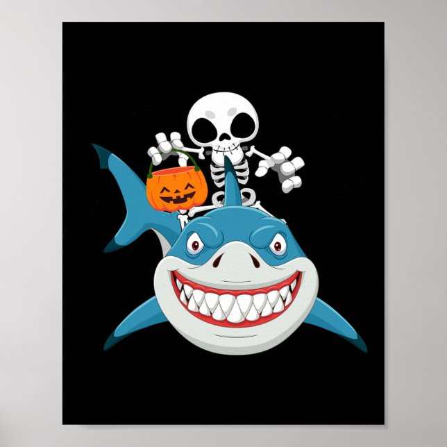 Funny Skeletter Riding Shark Jack O'lantern Pumpki Poster (Vorne)